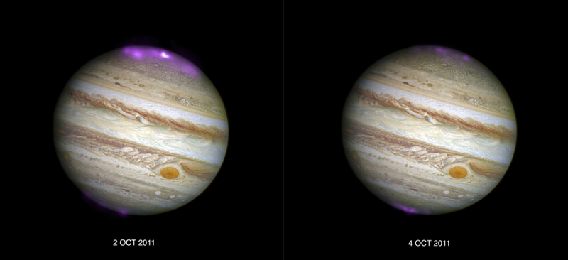 Jupiter’s x-ray aurora, overlain on a view captured by the Hubble Space Telescope. Image Credit: Joseph DePasquale, Smithsonian Astrophysical Observatory/Chandra X-ray Center
